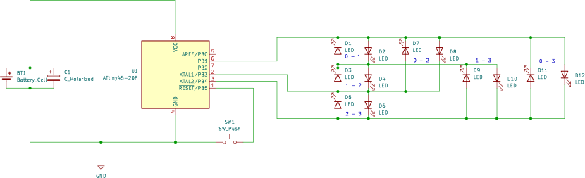 The full circuit with 12 LEDs, one microcontroller, a switch and a capacitor