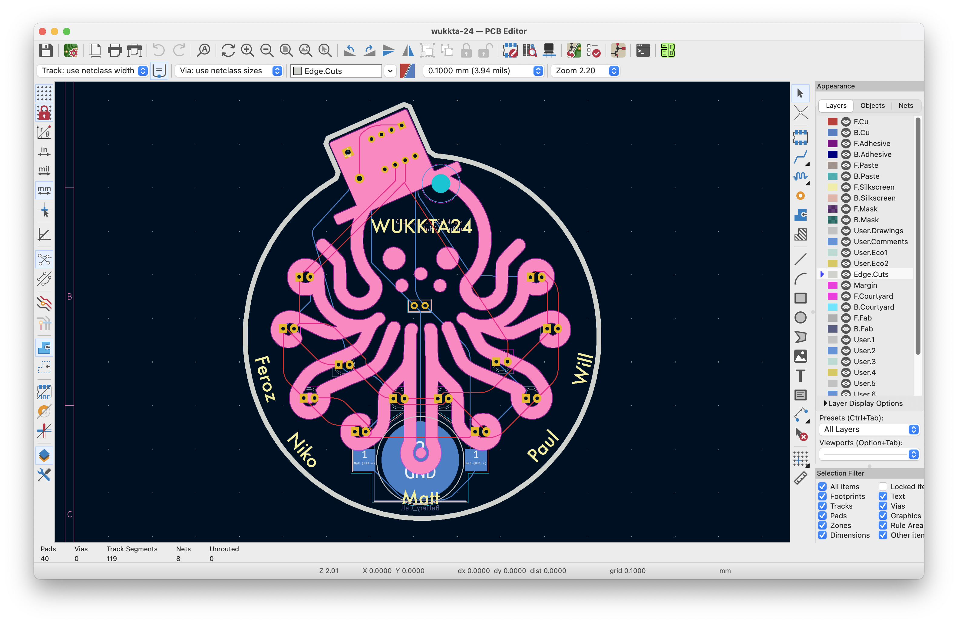 Screenshot of pcbnew - PCB editing software.