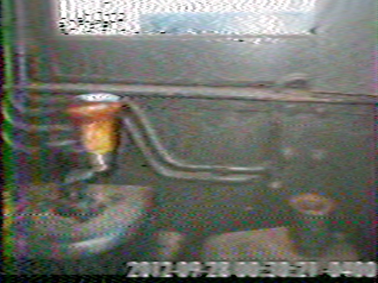 A noisy and grainy image of some machinery and a dark panel. The bottom of the image has a date written on it, but it’s too noisy to read. 