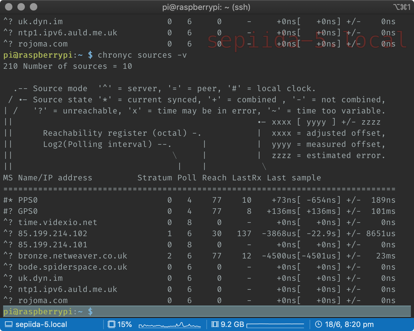 Output of chronyc sources -v, showing various time sources. PPS0 is being used to set the system clock.