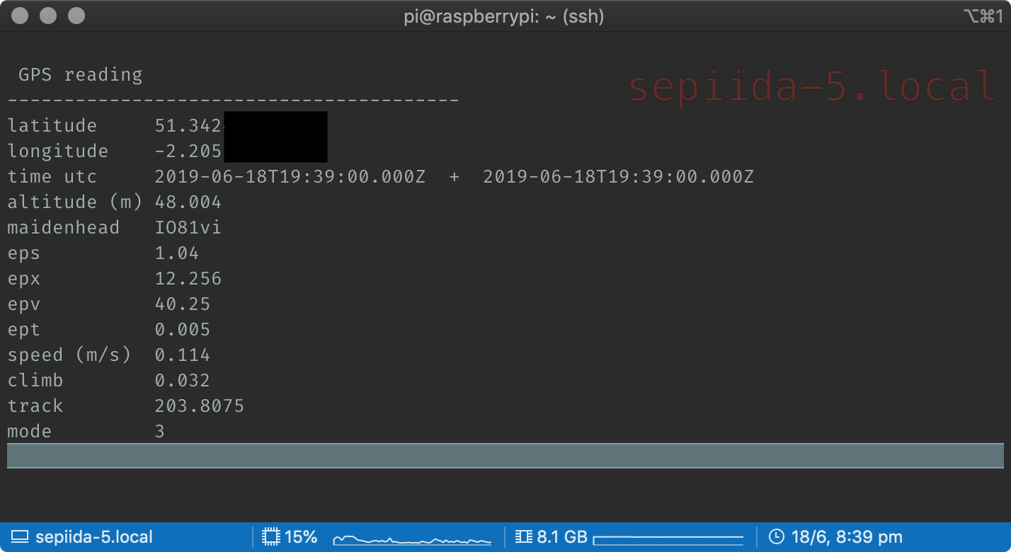 GPS information from a small python script. Included is time, latitude, longitude, maidenhead grid square a few other bits.