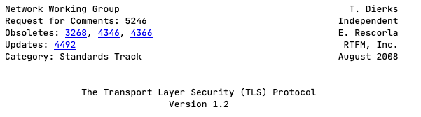 The header of the TLS 1.2 RFC. Lists the company name as RTFM, Inc.