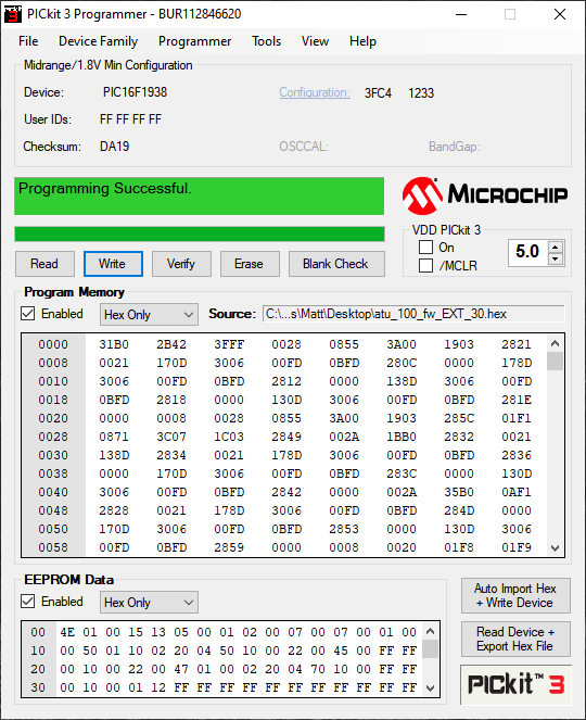 PICkit 3 programmer software on windows. Some device information at the top (PIC16F1938) some hex in the middle and some more hex (EEPROM data) below.