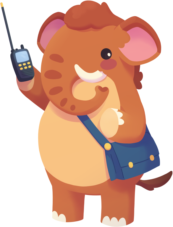 It's Alex! A soft brown mastodon holding a handheld radio in their right hand and carrying a blue bag over their shoulder